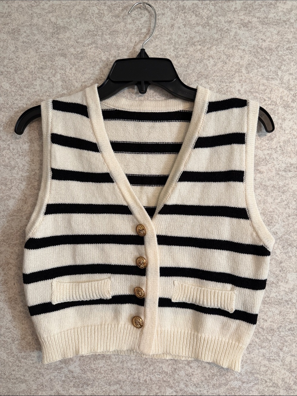 Striped Knit Button Front Vest - Cream & Black Size Small